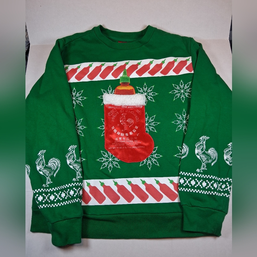 Sriracha Hot Sauce Ugly Christmas Sweater Sweatshirt Size Medium Green